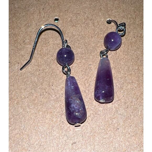 Elegant Amethyst Teardrop Dangle Earrings - Silver Tone - Picture 6 of 8